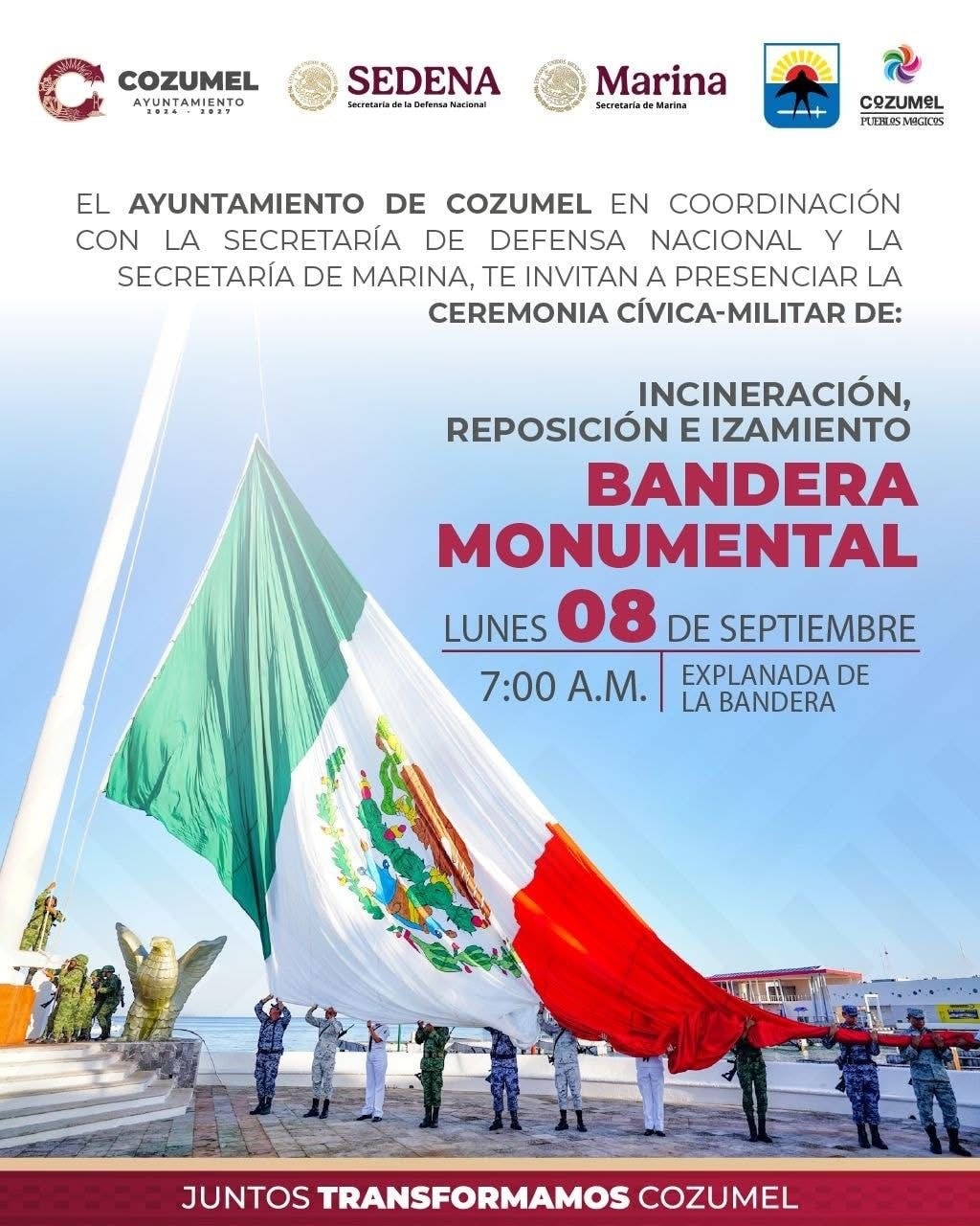 Cozumeleños podrán presenciar acto militar de despedida y reposición de la Bandera Monumental de México