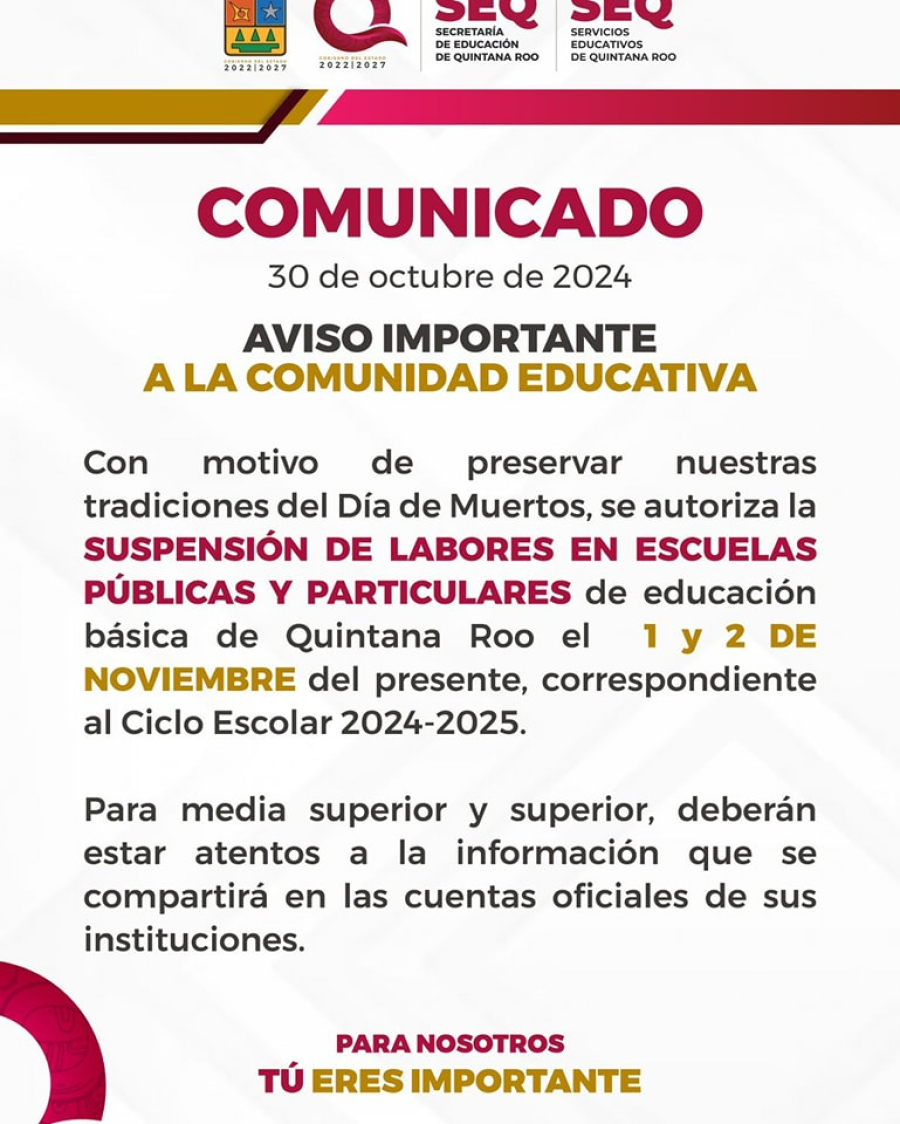 Autoriza SEQ suspensión de labores el 1 y 2 de noviembre por el Día de Muertos