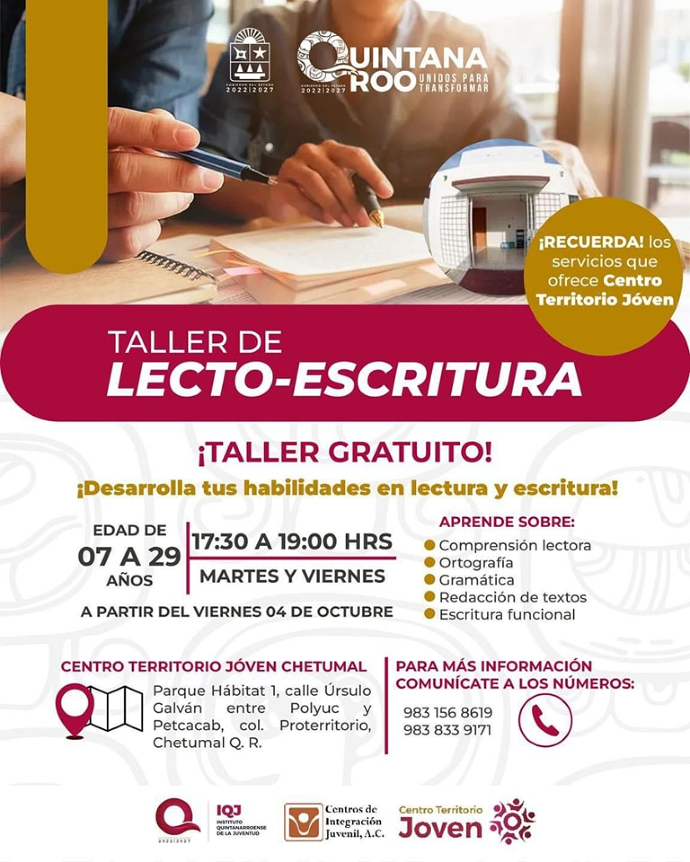 IQJ lanza taller gratuito de Lectoescritura, en el Centro Territorio Joven de Chetumal