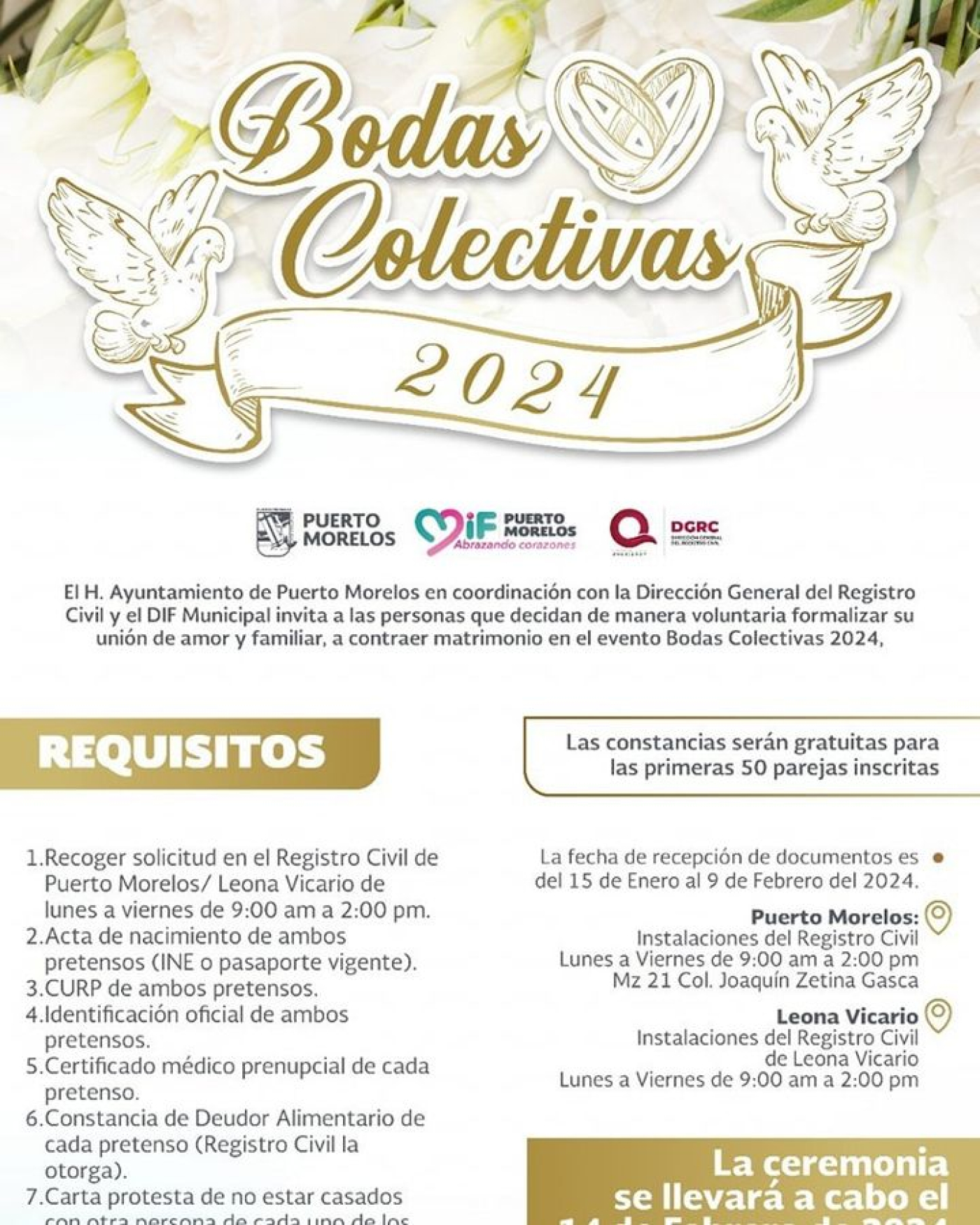 Invitan en Puerto Morelos a participar en las Bodas Colectivas 2024