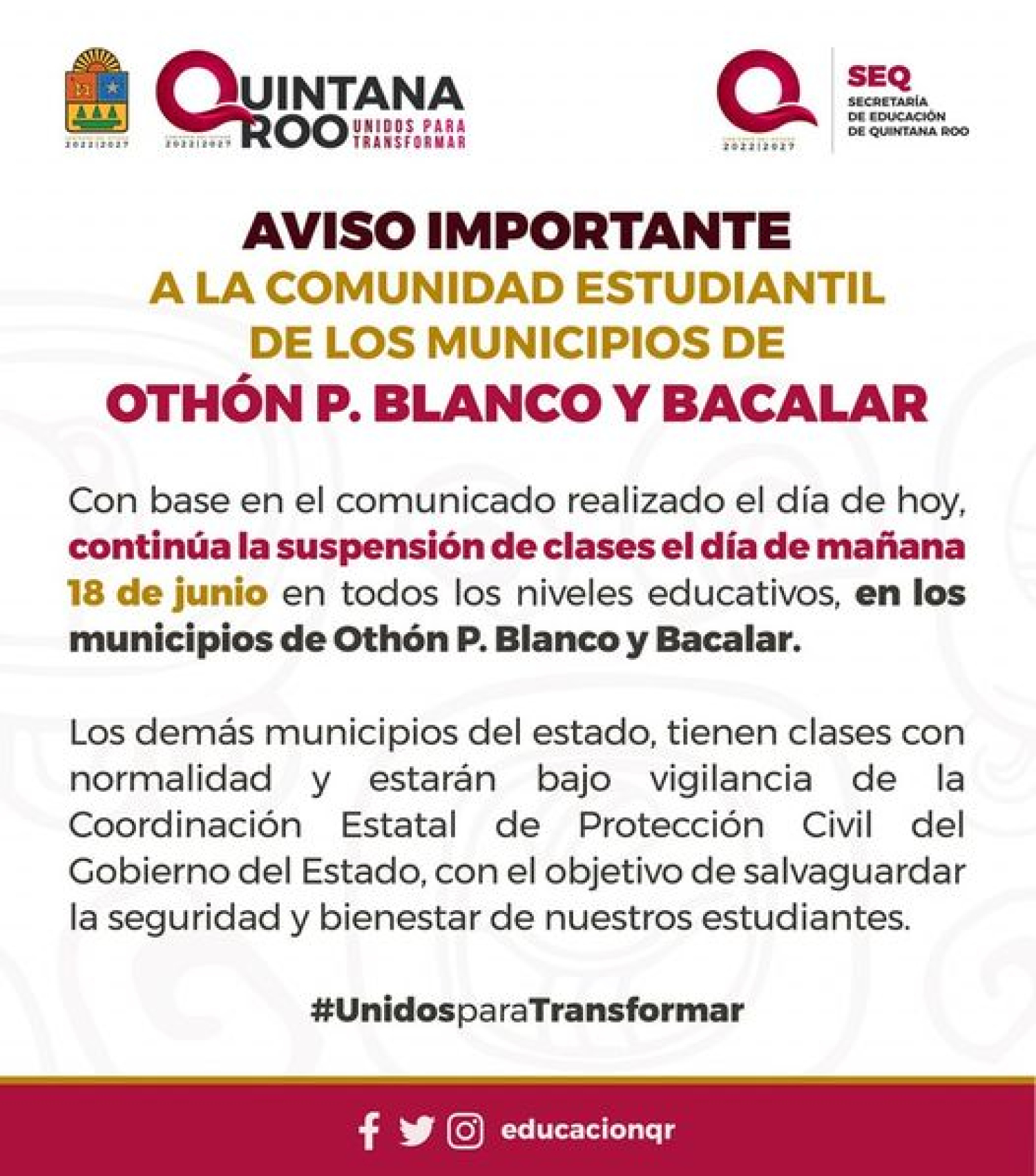 Sigue suspensión de clases este 18 de junio, en Othón Pompeyo Blanco y Bacalar