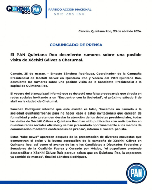 PAN Quintana Roo desmiente rumores sobre visita de Xóchitl Gálvez a Chetumal