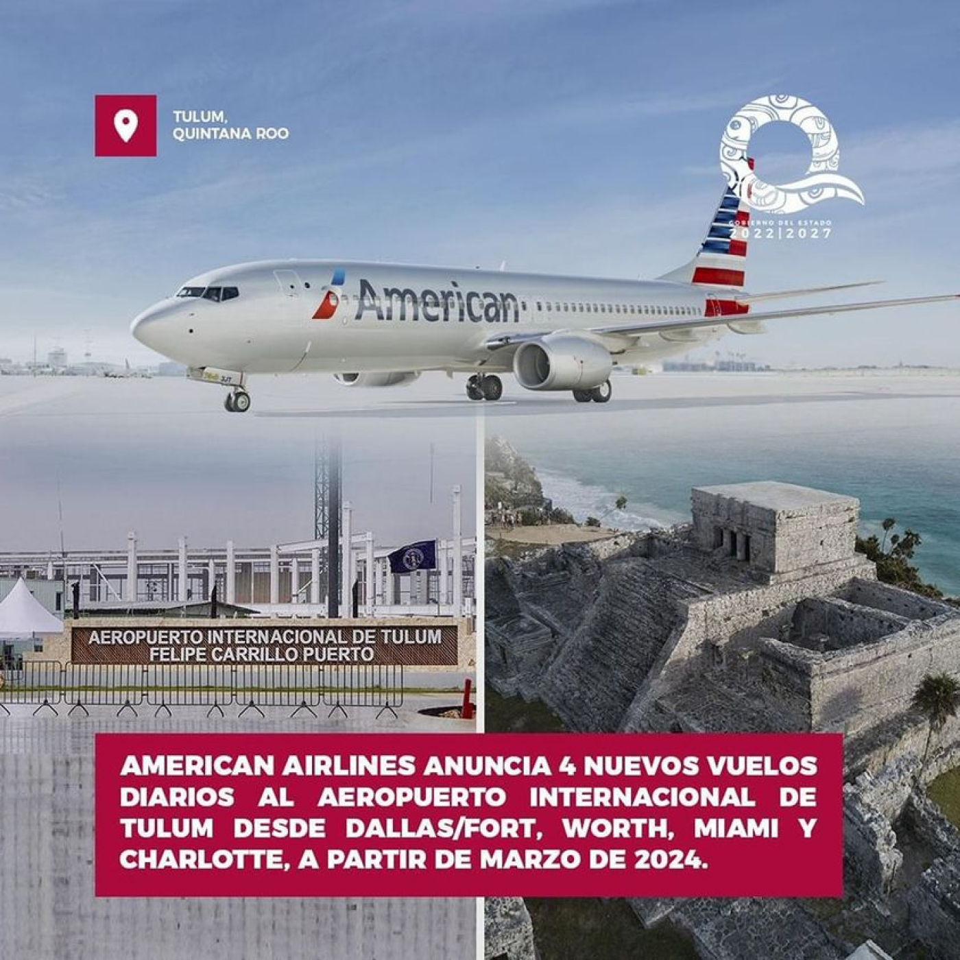 Confirma Mara Lezama que American Airlines será la mayor línea en operar vuelos en el aeropuerto de Tulum