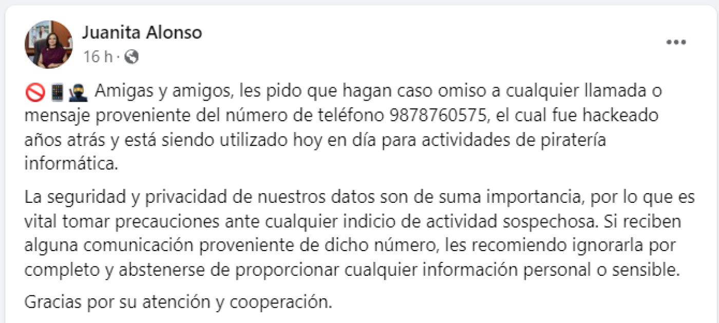 Número celular de Juanita Alonso es utilizado para cometer delitos informáticos